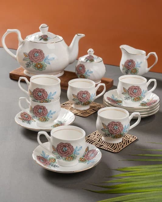 Karina Floral Tea Set of 15 — Commercial Vitrified Ceramic Tableware Manufactured in Khurja