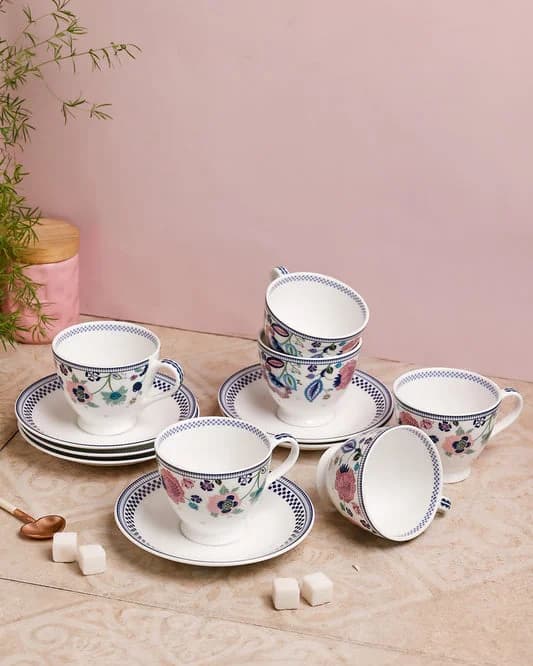 Magique x – Indigo Chintz King Cup & Saucer Set of 12 (180ml)- — Commercial Vitrified Ceramic Tableware Khurja