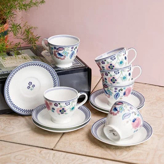 Magique x – Indigo Chintz King Cup & Saucer Set of 12 (180ml)- — Vitrified Tableware Angle 2 | Prince Ceramics Khurja