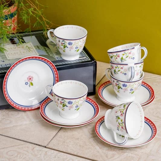 Indian Summer King Ceramic Cup & Saucer Set, 180ml, Set of 12 — Commercial Vitrified Ceramic Tableware Khurja