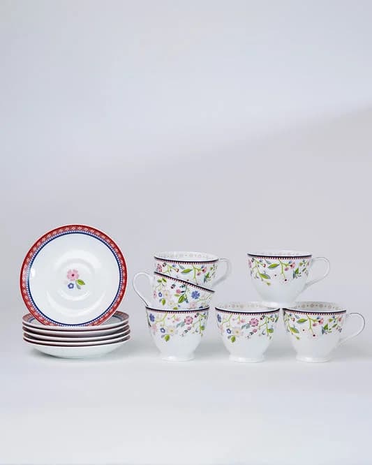 Indian Summer King Ceramic Cup & Saucer Set, 180ml, Set of 12 — Vitrified Tableware Angle 2 | Prince Ceramics Khurja
