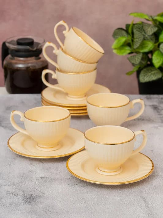 Julie Impression 1401 Elegant Cup & Saucer, Set of 12 (6 Cups + 6 Saucers) (IVORY) — Commercial Vitrified Ceramic Tableware Khurja