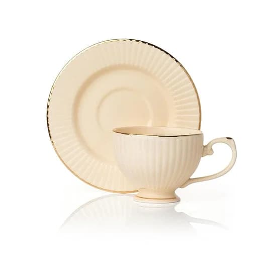 Julie Impression 1401 Elegant Cup & Saucer, Set of 12 (6 Cups + 6 Saucers) (IVORY) — Vitrified Tableware Angle 2 | Prince Ceramics Khurja
