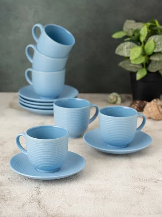 Horizon Pebble Ceramic Cup & Saucer Set, Light Blue, 220ml, Set of 12 — Commercial Vitrified Ceramic Tableware Khurja