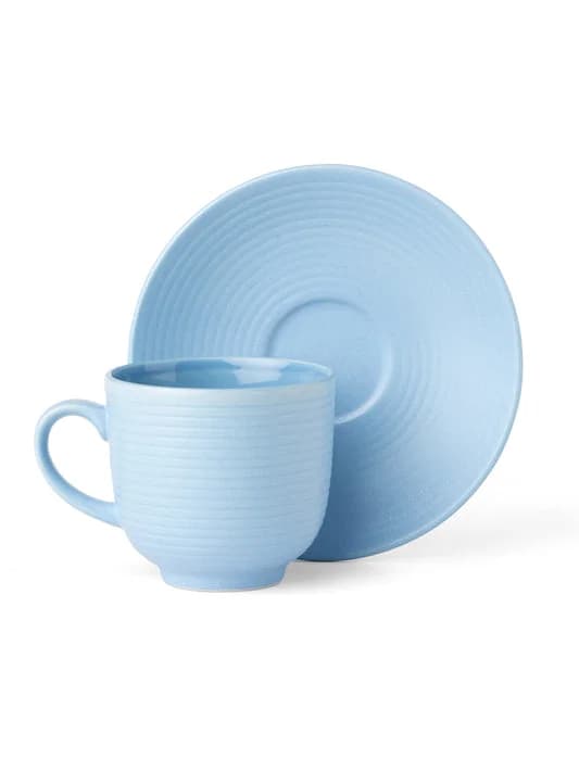 Horizon Pebble Ceramic Cup & Saucer Set, Light Blue, 220ml, Set of 12 — Vitrified Tableware Angle 2 | Prince Ceramics Khurja