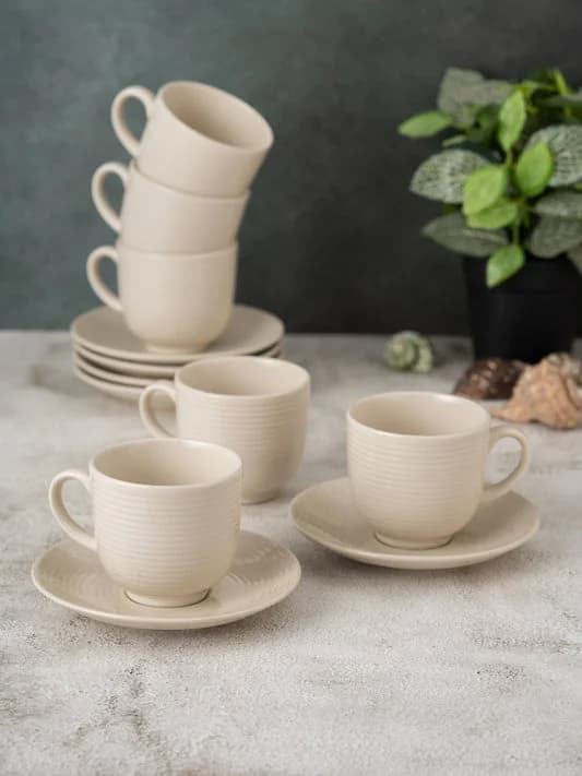 Horizon Pebble IVORY Cup & Saucer, Set of 12 (6 Cups + 6 Saucers), 220 ml — Commercial Vitrified Ceramic Tableware Khurja