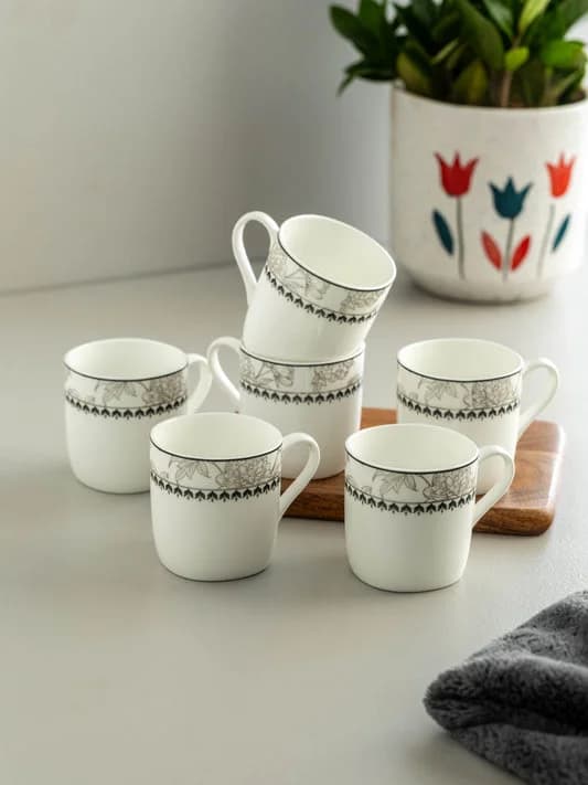 Asian Super Floral Coffee & Tea Mugs, 200ml, Set of 6 — Commercial Vitrified Ceramic Tableware Khurja
