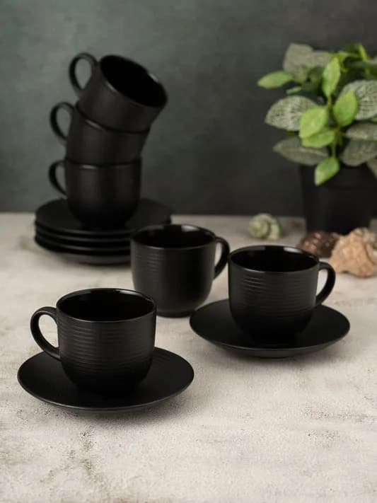 Horizon Pebble Ceramic Cup & Saucer Set, Black, 220ml, Set of 12 — Vitrified Tableware Angle 1 | Prince Ceramics Khurja