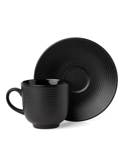Horizon Pebble Ceramic Cup & Saucer Set, Black, 220ml, Set of 12 — Vitrified Tableware Angle 2 | Prince Ceramics Khurja