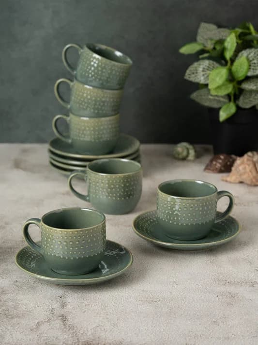 Apex Pebble Green Cup & Saucer, Set of 12 (6 Cups + 6 Saucers), 180 ml — Commercial Vitrified Ceramic Tableware Manufactured in Khurja