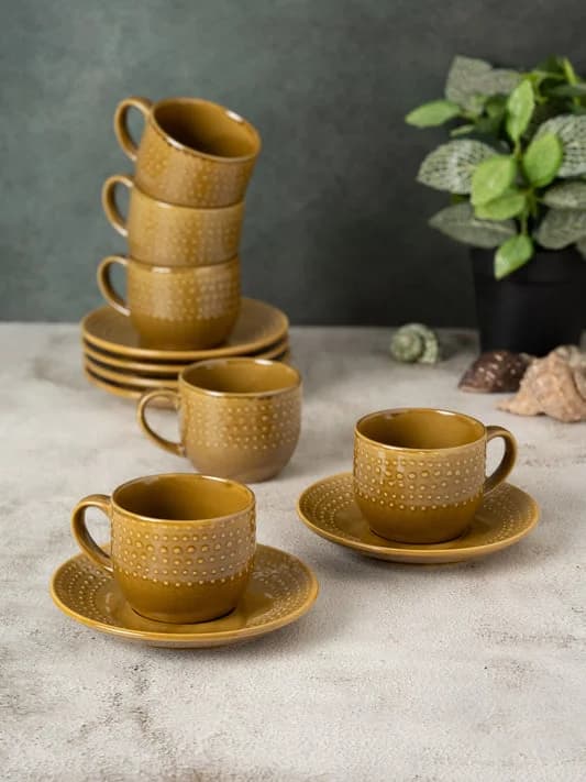 Apex Pebble Ceramic Cup & Saucer Set, Brown, 180ml, Set of 12 — Vitrified Tableware Angle 1 | Prince Ceramics Khurja