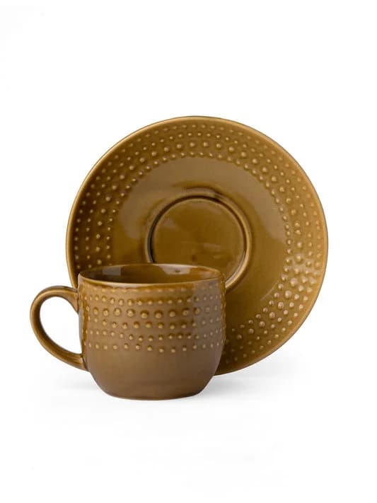 Apex Pebble Ceramic Cup & Saucer Set, Brown, 180ml, Set of 12 — Vitrified Tableware Angle 2 | Prince Ceramics Khurja