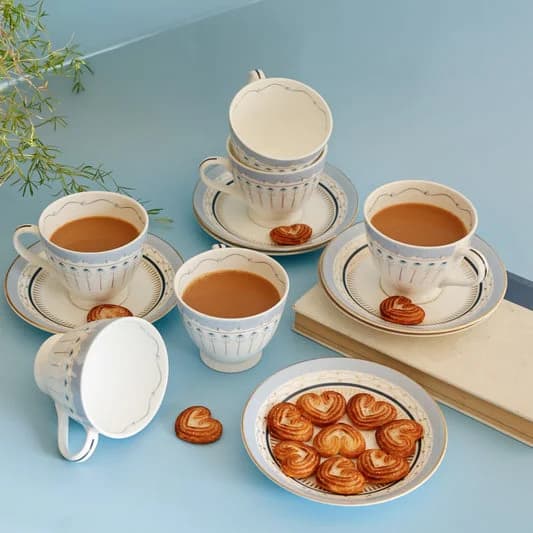 River of Flowers King Ceramic Cup & Saucer Set, 180ml, Set of 12 — Vitrified Tableware Angle 1 | Prince Ceramics Khurja