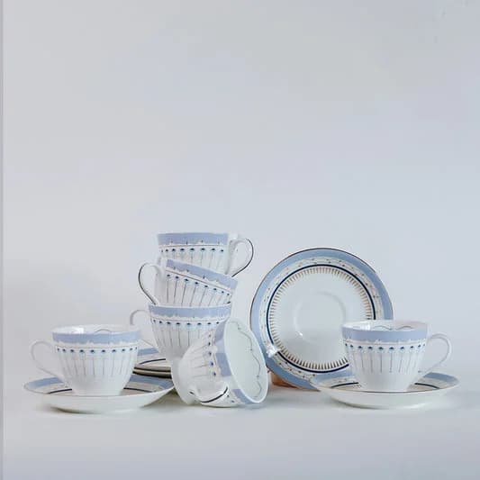 River of Flowers King Ceramic Cup & Saucer Set, 180ml, Set of 12 — Vitrified Tableware Angle 2 | Prince Ceramics Khurja