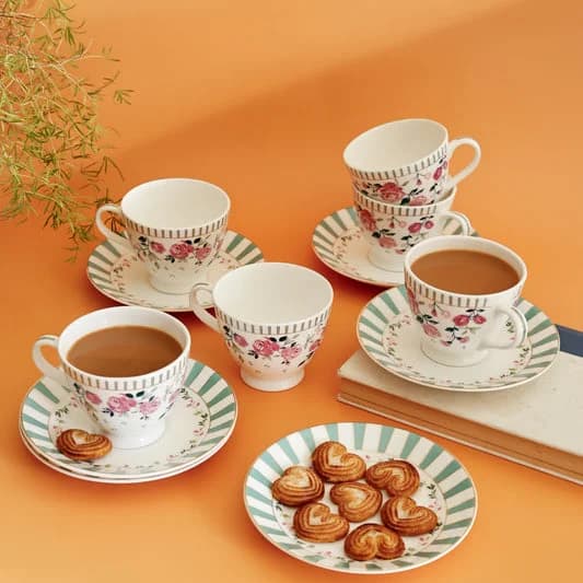 Portrait of a Rose King Ceramic Cup & Saucer Set, 180ml, Set of 12 — Vitrified Tableware Angle 1 | Prince Ceramics Khurja