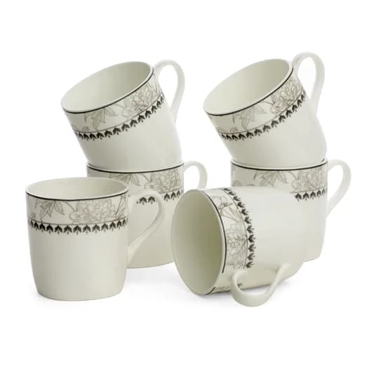 Asian Super Floral Coffee & Tea Mugs, 200ml, Set of 6 — Vitrified Tableware Angle 2 | Prince Ceramics Khurja