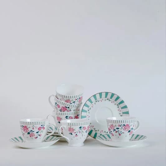 Portrait of a Rose King Ceramic Cup & Saucer Set, 180ml, Set of 12 — Vitrified Tableware Angle 2 | Prince Ceramics Khurja