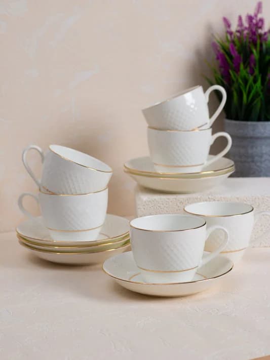 Pyro Gold Line Ceramic Cup & Saucer Set, 170ml, Set of 12 — Commercial Vitrified Ceramic Tableware Manufactured in Khurja