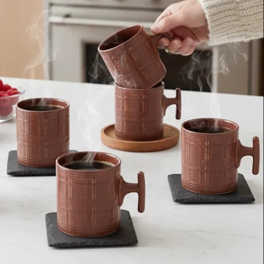 Grid Checkmate Coffee & Tea Mugs Set of 6, 180 ml, Plum — Commercial Vitrified Ceramic Tableware Khurja