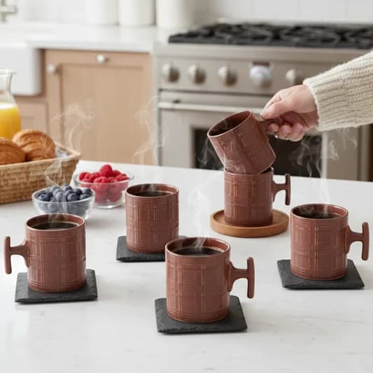 Grid Checkmate Coffee & Tea Mugs Set of 6, 180 ml, Plum — Vitrified Tableware Angle 2 | Prince Ceramics Khurja