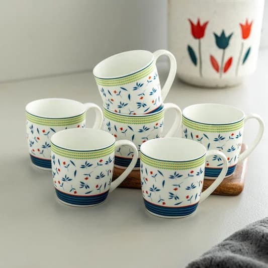 Alton Flower Print Coffee & Tea Mugs Set of 6 ,180 ml — Commercial Vitrified Ceramic Tableware Khurja