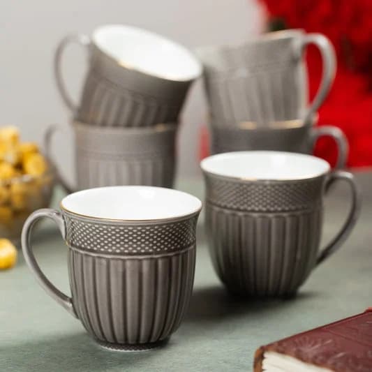 Esha Impression 1300 Coffee & Tea Mugs Set of 6, 200ml, (GREY) — Vitrified Tableware Angle 1 | Prince Ceramics Khurja