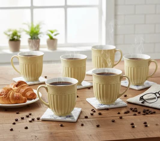Esha Impression 1300 Coffee & Tea Mugs Set of 6, 200ml, (CREAM) — Vitrified Tableware Angle 1 | Prince Ceramics Khurja