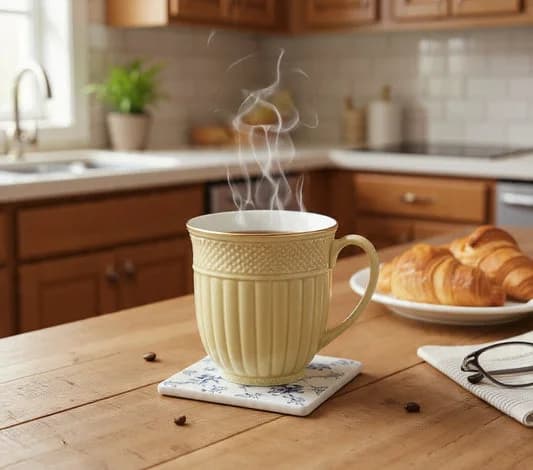 Esha Impression 1300 Coffee & Tea Mugs Set of 6, 200ml, (CREAM) — Vitrified Tableware Angle 2 | Prince Ceramics Khurja