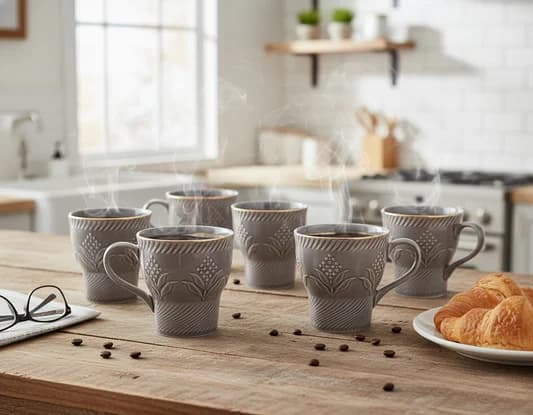 Aster Impression 1300 Coffee & Tea Mugs Set of 6, 120ml (GREY) — Vitrified Tableware Angle 1 | Prince Ceramics Khurja