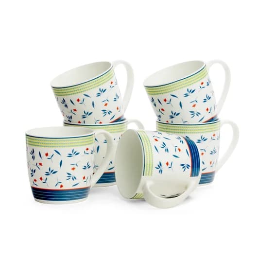 Alton Flower Print Coffee & Tea Mugs Set of 6 ,180 ml — Vitrified Tableware Angle 2 | Prince Ceramics Khurja