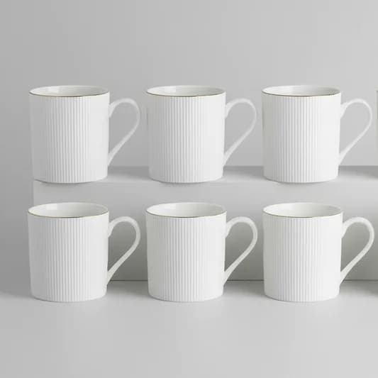 Ethan Impression 1101 Coffee & Tea Mugs Set of 6, 240ml, (WHITE) — Vitrified Tableware Angle 1 | Prince Ceramics Khurja