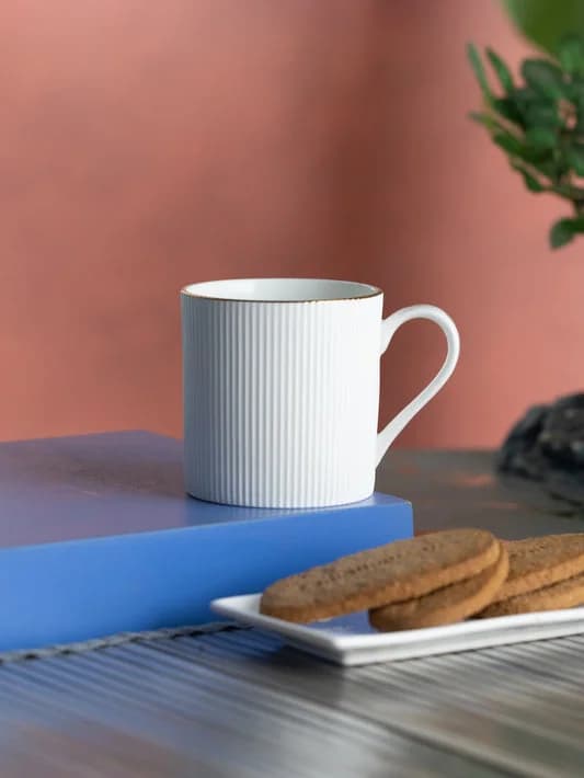 Ethan Impression 1101 Coffee & Tea Mugs Set of 6, 240ml, (WHITE) — Vitrified Tableware Angle 2 | Prince Ceramics Khurja