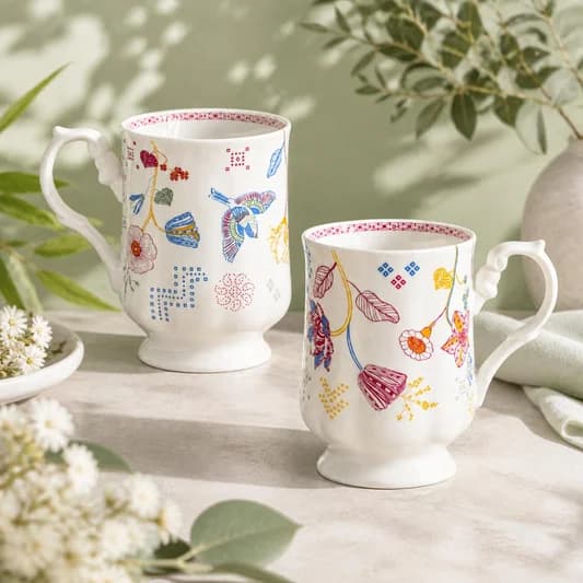 Sweet Pea Maharani Milk Mug, Set of 2, 300ml each — Vitrified Tableware Angle 2 | Prince Ceramics Khurja