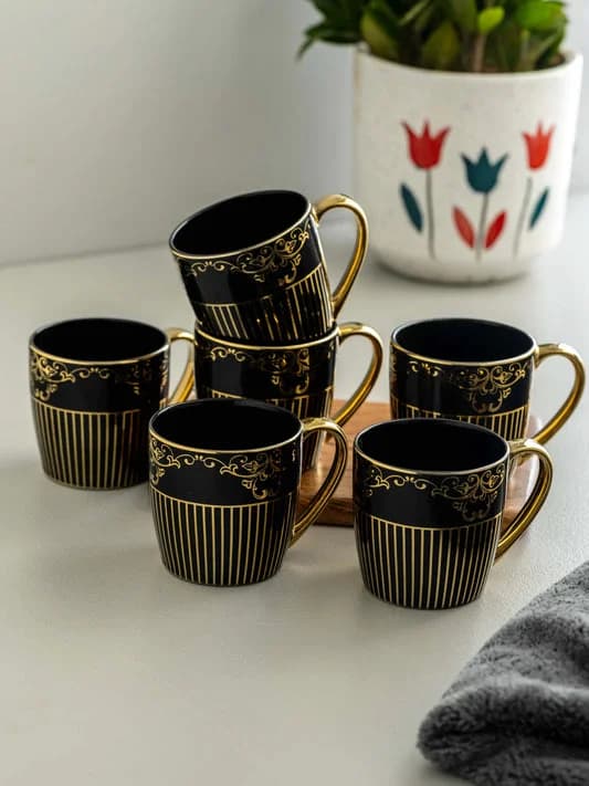 Alton Ebony DLX Ceramic Coffee & Tea Mugs, 180ml, Set of 6 — Commercial Vitrified Ceramic Tableware Khurja