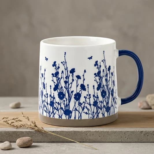 Lina Pebble Ceramic Printed Coffee & Milk Mug, 490 ml — Vitrified Tableware Angle 2 | Prince Ceramics Khurja