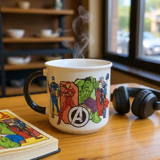 Marvel Avengers Assemble Pebble Ceramic Coffee & Milk Mug II, 400ml (AVENGER4) — Vitrified Tableware Angle 1 | Prince Ceramics Khurja