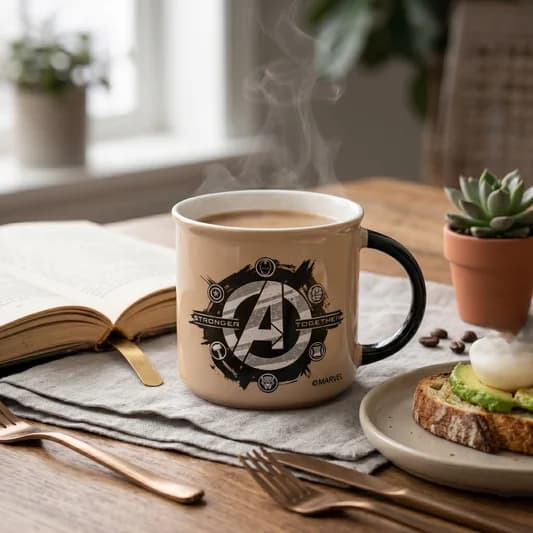 Marvel Avengers Assemble Pebble Ceramic Coffee & Milk Mug II, 400ml (AVENGER4) — Vitrified Tableware Angle 2 | Prince Ceramics Khurja