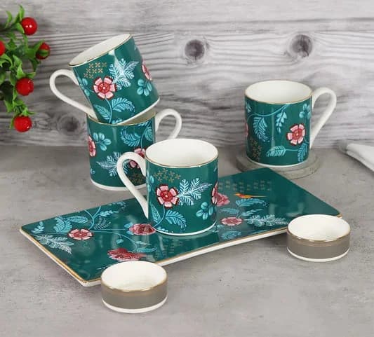 Marine Opulence Snack Platter & Coffee Mug Set — Commercial Vitrified Ceramic Tableware Khurja