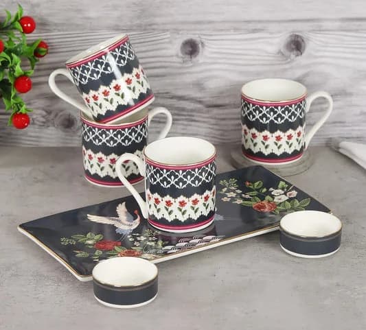 Gruidae's Trance Snack Platter & Coffee Mug Set — Commercial Vitrified Ceramic Tableware Khurja
