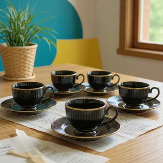 Julie Impression Ceramic Cup & Saucer Set, Black, 170ml, Set of 12 — Vitrified Tableware Angle 2 | Prince Ceramics Khurja