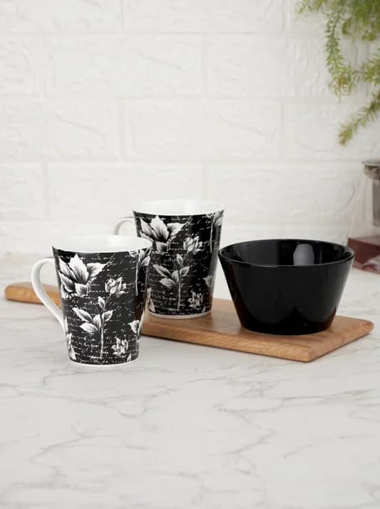 Monochrome Ceramic Mug & Bowl Snack Set, Black & White (2 Mugs + 1 Bowl) — Commercial Vitrified Ceramic Tableware Khurja