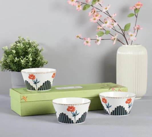 Nature's Bloom Ceramic Nikko Bowl Set, Set of 3 — Commercial Vitrified Ceramic Tableware Khurja
