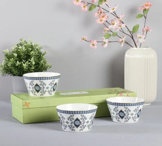 Gardenia Dreams Ceramic Nikko Bowl Set, Set of 3 — Commercial Vitrified Ceramic Tableware Khurja