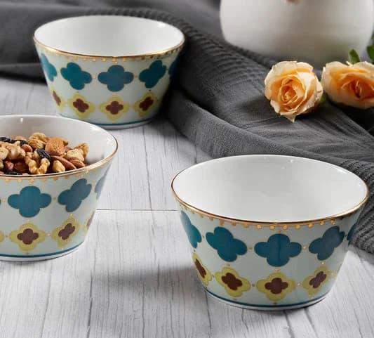 Grandeur Green Ceramic Nikko Bowl Set, Set of 3 — Commercial Vitrified Ceramic Tableware Khurja