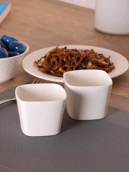 Basics Ceramic Square Bowl, Small, Plain White, Set of 4 — Commercial Vitrified Ceramic Tableware Manufactured in Khurja