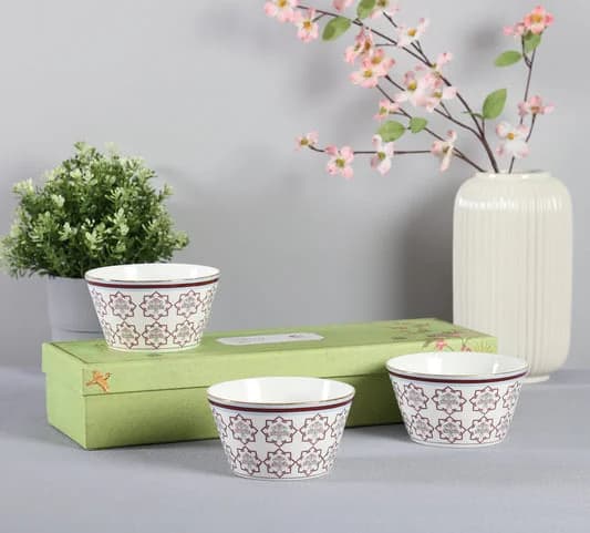 Petal Perfection Ceramic Nikko Bowl Set, Set of 3 — Vitrified Tableware Angle 1 | Prince Ceramics Khurja