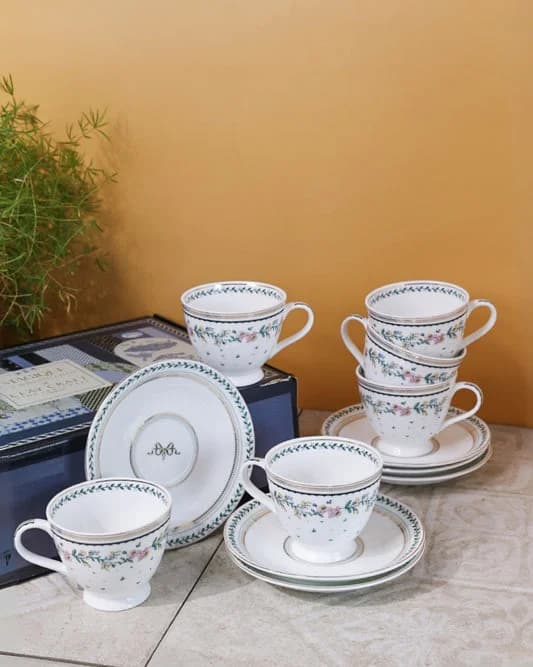 Emerald Ribbon King Ceramic Cup & Saucer Set, 160ml, Set of 12 — Commercial Vitrified Ceramic Tableware Khurja