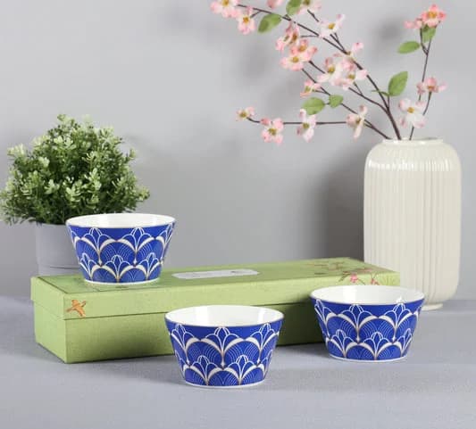 Botanical Elegance Ceramic Nikko Bowl Set, Set of 3 — Vitrified Tableware Angle 1 | Prince Ceramics Khurja