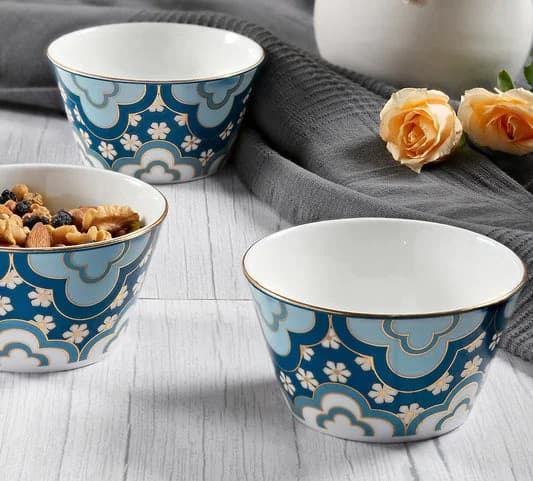 Oceanic Opulence Ceramic Nikko Bowl Set, Set of 3 — Vitrified Tableware Angle 1 | Prince Ceramics Khurja