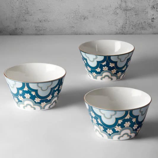 Oceanic Opulence Ceramic Nikko Bowl Set, Set of 3 — Vitrified Tableware Angle 2 | Prince Ceramics Khurja